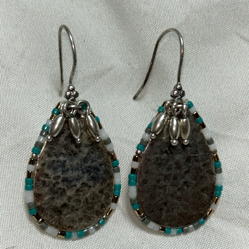 Stella & Dot Frieze Teardrop Dangle Earrings .925 Hammered Silver Seedbead Edge